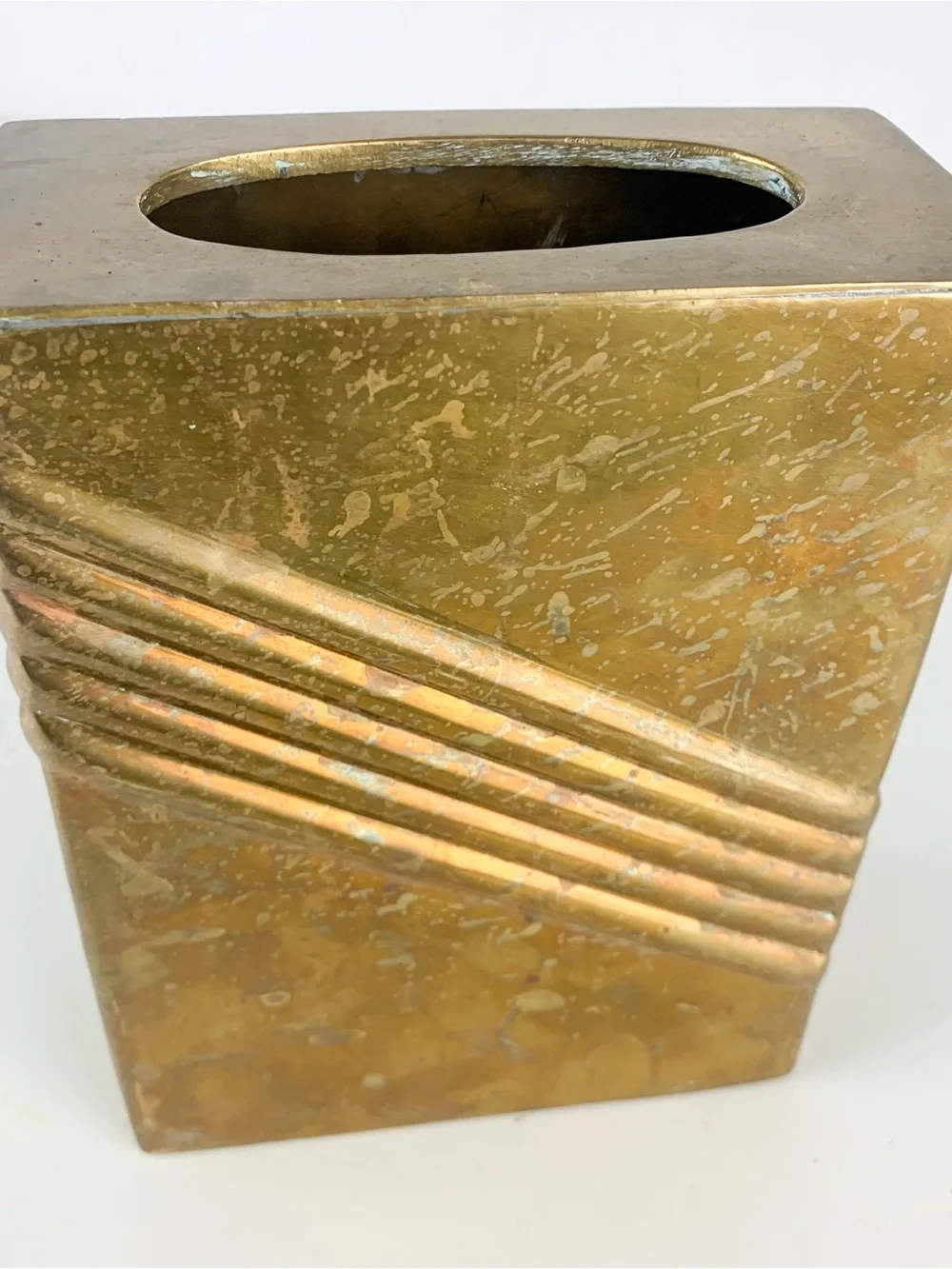 Vintage 80s Art Deco Revival Brass Rectangular Vase Napkin Tissue Holder Retro